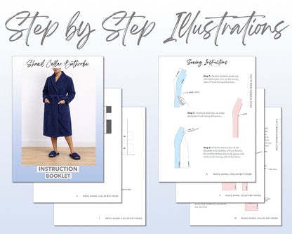 Mens Shawl Collar Bathrobe sewing pattern instruction booklet showing step by step illustrations to make the garment.