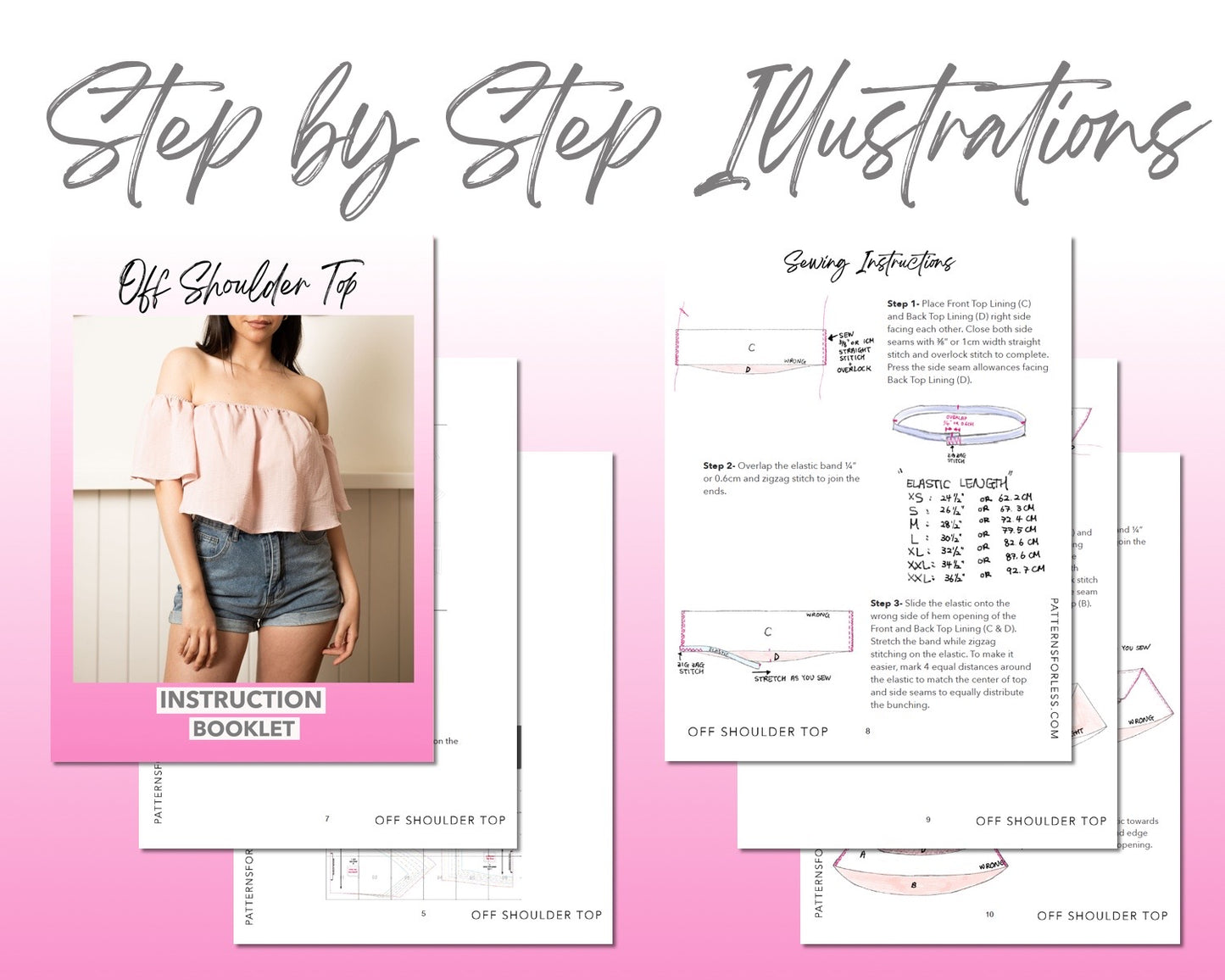 Off Shoulder Crop Top sewing pattern step by step illustrations.