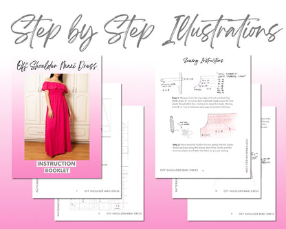 Off Shoulder Maxi Dress sewing pattern step by step illustrations.