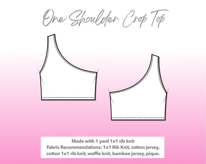 Illustration and detailed description for One Shoulder Knit Crop Top sewing pattern.