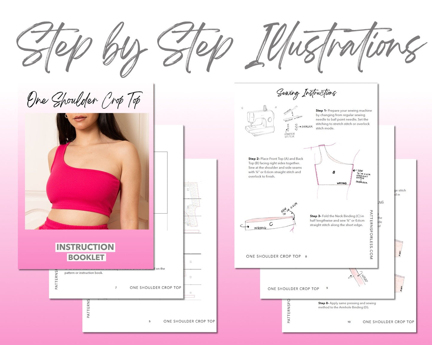 One Shoulder Knit Crop Top sewing pattern step by step illustrations.