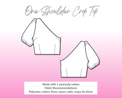 Illustration and detailed description for One Shoulder Puff Sleeve Crop Top sewing pattern.