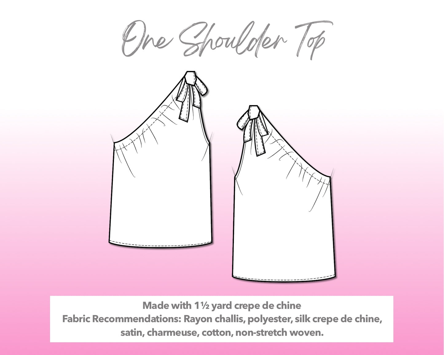 Illustration and detailed description for One Shoulder Tie Top sewing pattern.