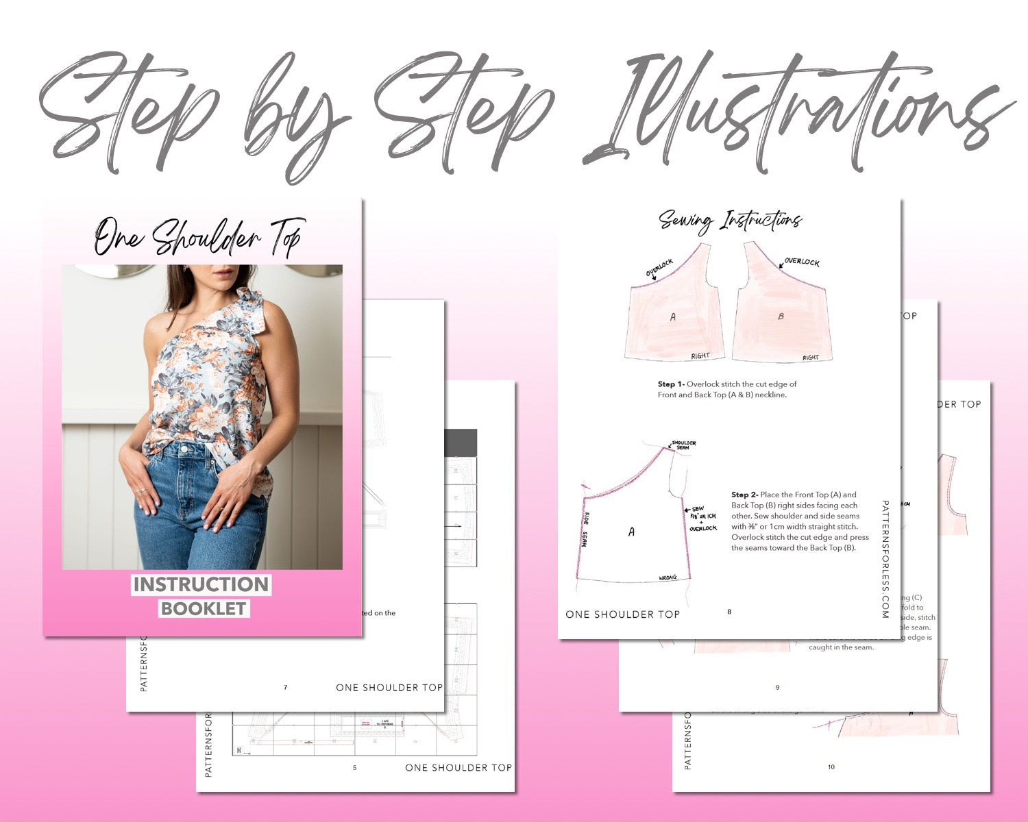 One Shoulder Tie Top sewing pattern step by step illustrations.