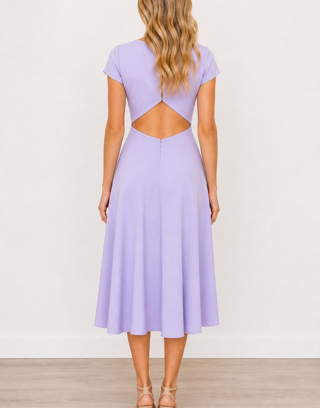 Back view of woman wearing a purple Open Back Cap Sleeve Midi Dress on a white background.