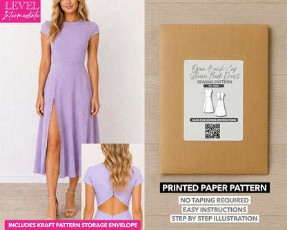 Open Back Cap Sleeve Midi Dress printed sewing pattern with easy instructions and step by step illustrations.