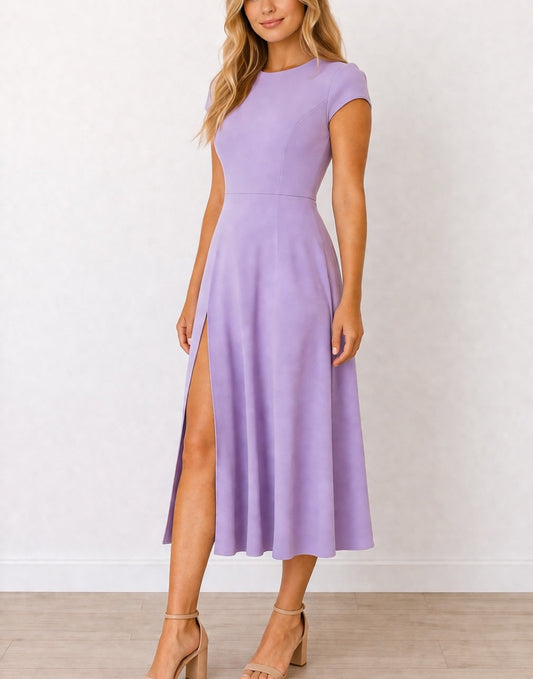 Side view of woman wearing a purple Cap Sleeve Midi Dress with a slit on a white background.