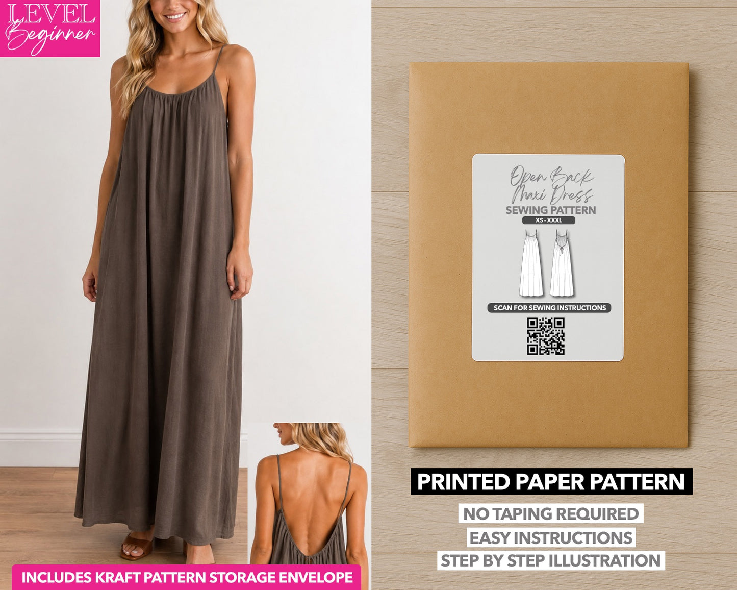 Open Back Drawstring Tie Maxi Dress printed sewing pattern with easy instructions and step by step illustrations.