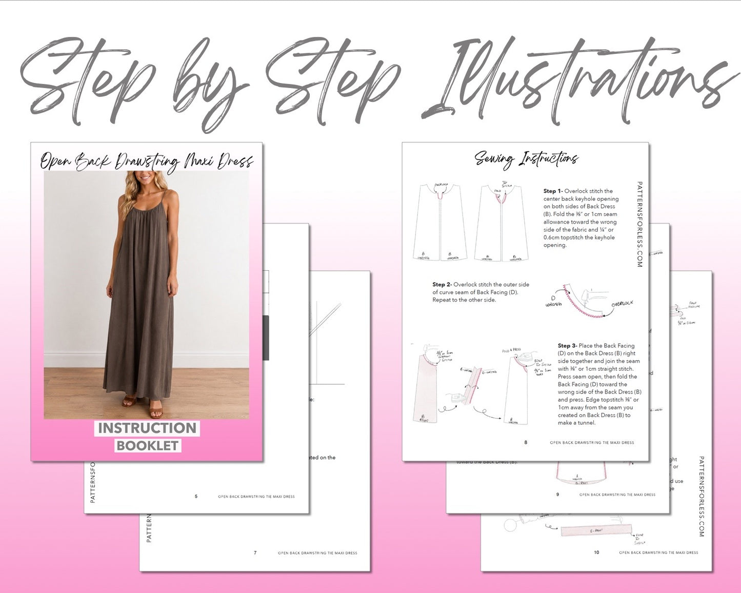 Open Back Drawstring Tie Maxi Dress sewing pattern instruction booklet showing step by step illustrations to make the garment.