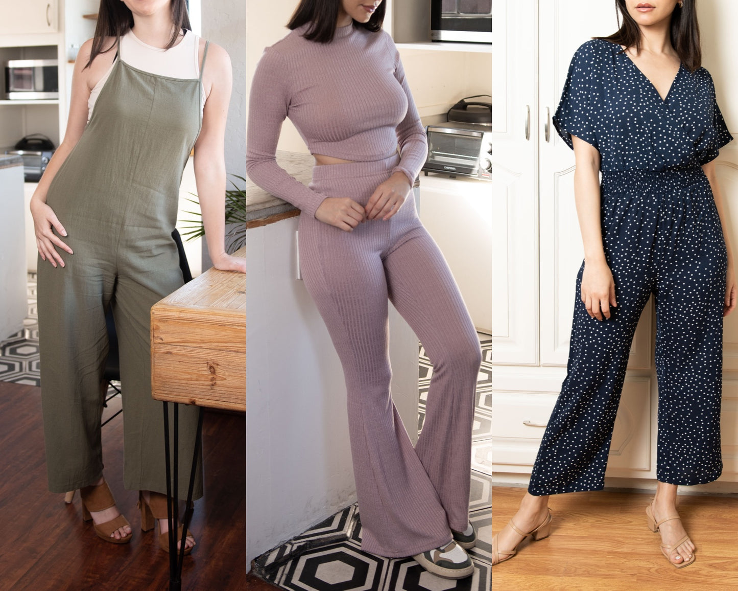 Front view of Overall Jumpsuit, Loungewear set and Surplice Jumpsuit.