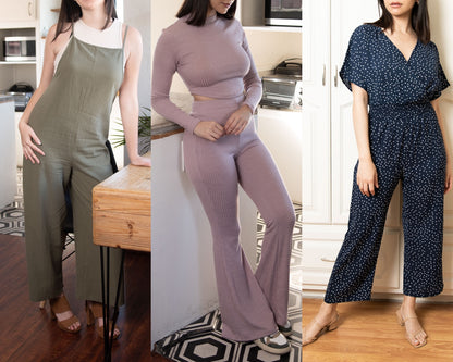 Front view of Overall Jumpsuit, Loungewear set and Surplice Jumpsuit.