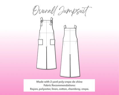 Illustration and detailed description for Overall Shoulder Tie Jumpsuit sewing pattern.