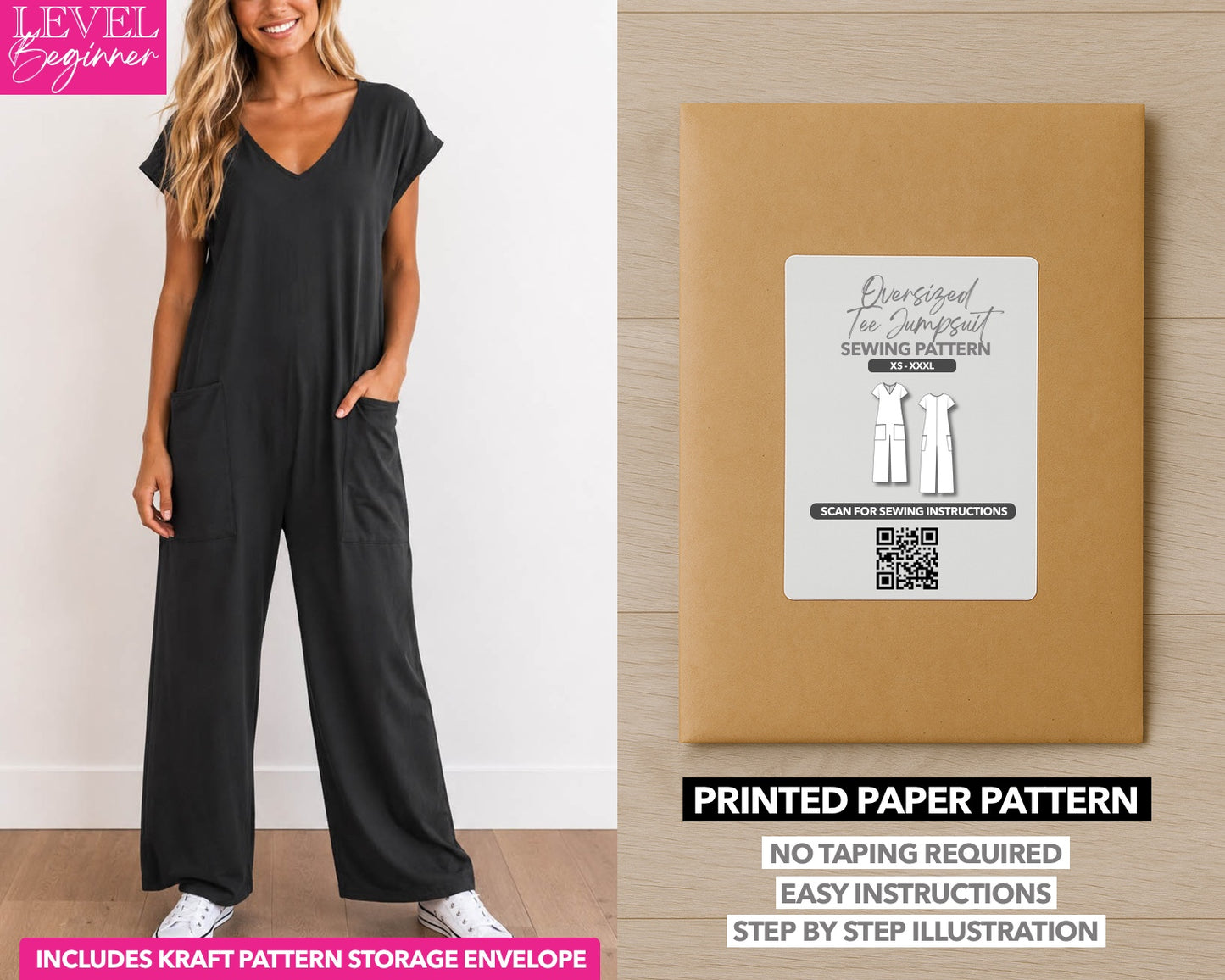 Oversized Knit Tee Jumpsuit printed sewing pattern with easy instructions and step by step illustrations.