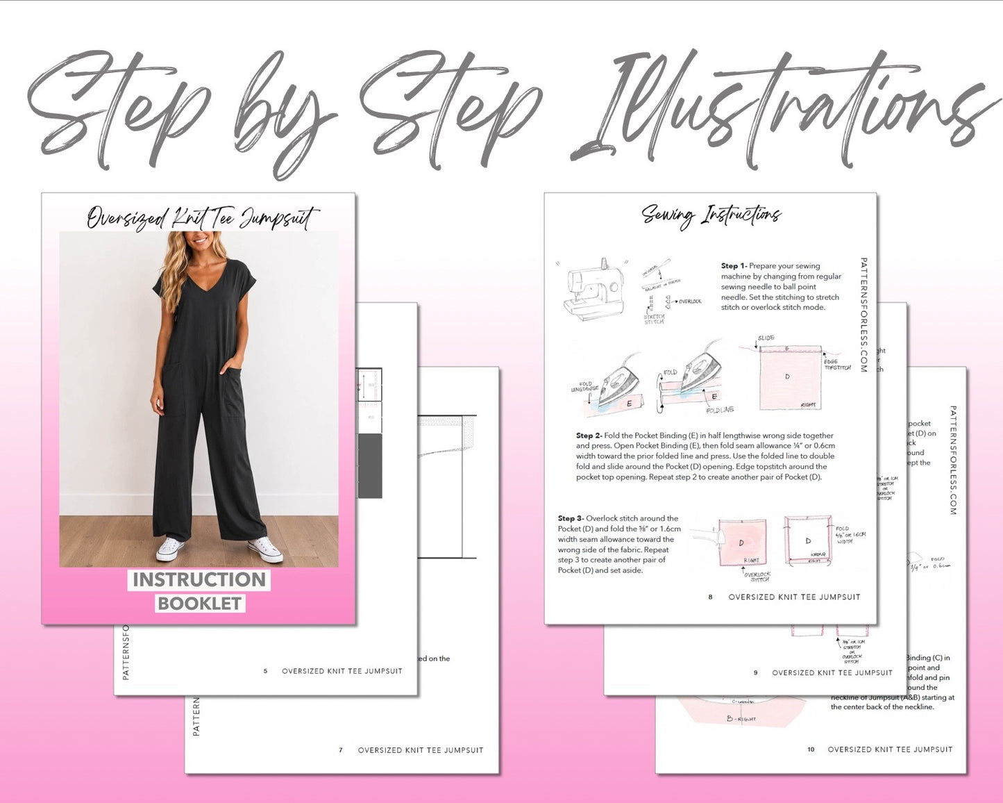 Oversized Knit Tee Jumpsuit sewing pattern instruction booklet showing step by step illustrations to make the garment.