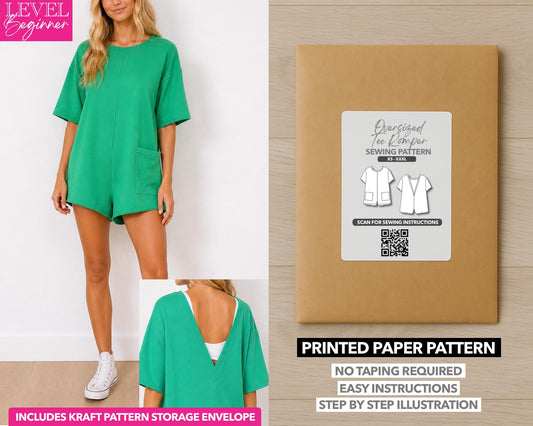 Oversized Tee Romper printed sewing pattern with easy instructions and step by step illustrations.