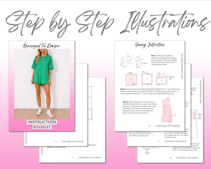Oversized Tee Romper sewing pattern instruction booklet showing step by step illustrations to make the garment.