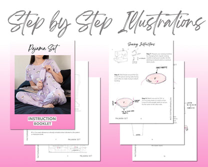 Pajama T-Shirt Pants Eye Cover Set sewing pattern step by step illustrations.