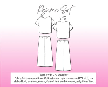 Illustration and detailed description for Pajama T-Shirt Pants Eye Cover Set sewing pattern.