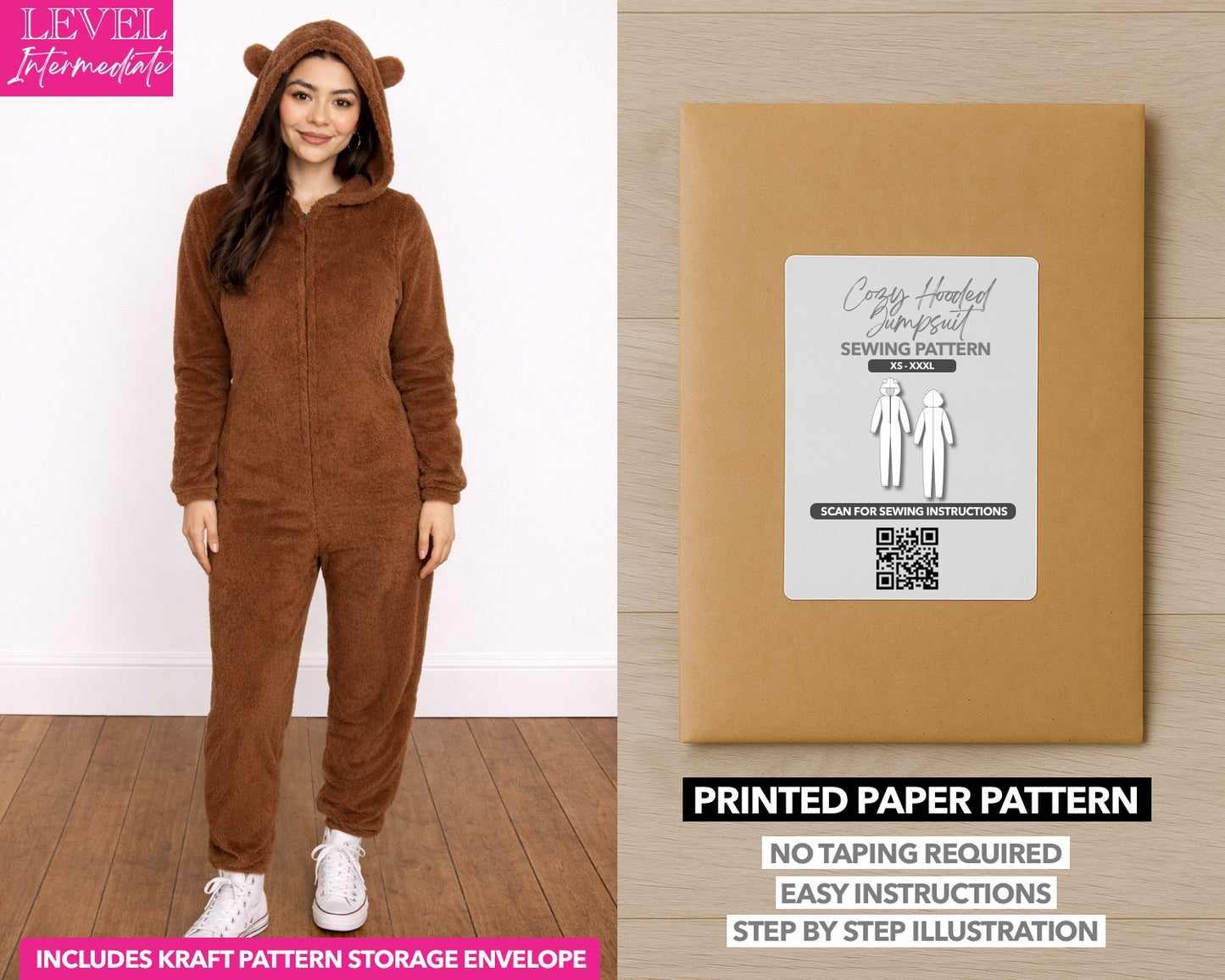 3D Ears Hooded Sleepwear Jumpsuit printed sewing pattern with easy instructions and step by step illustrations.