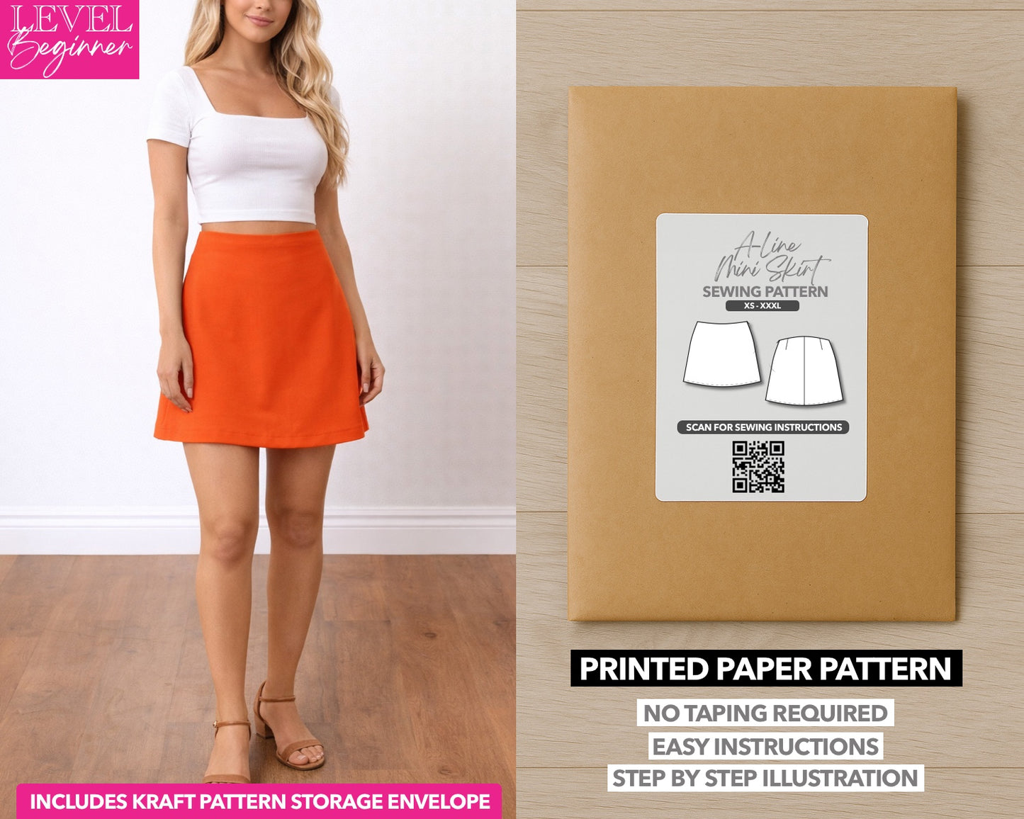 A Line Mini Skirt printed sewing pattern with easy instructions and step by step illustrations.