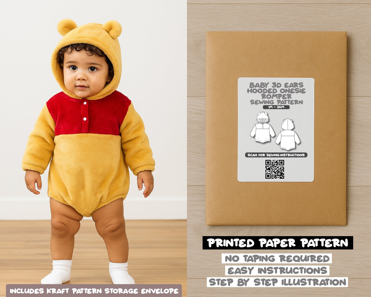 Baby 3D Ears Hooded Onesie Romper Sewing Pattern