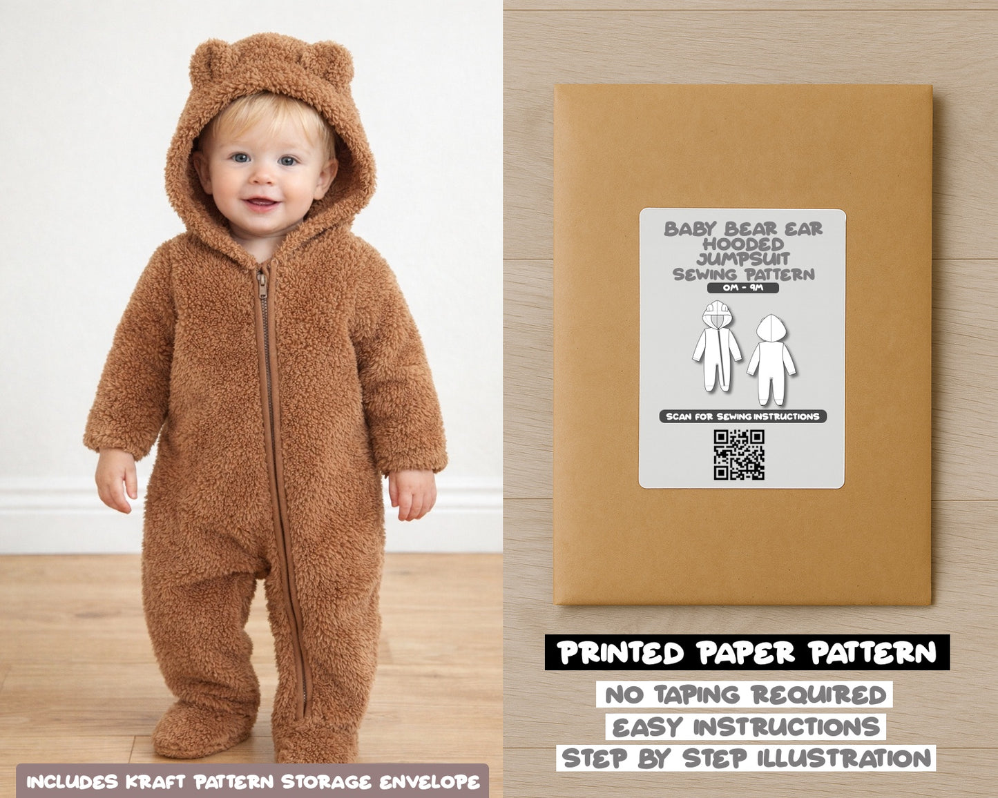 Baby Bear Ear Hooded Zipper Front Jumpsuit Sewing Pattern