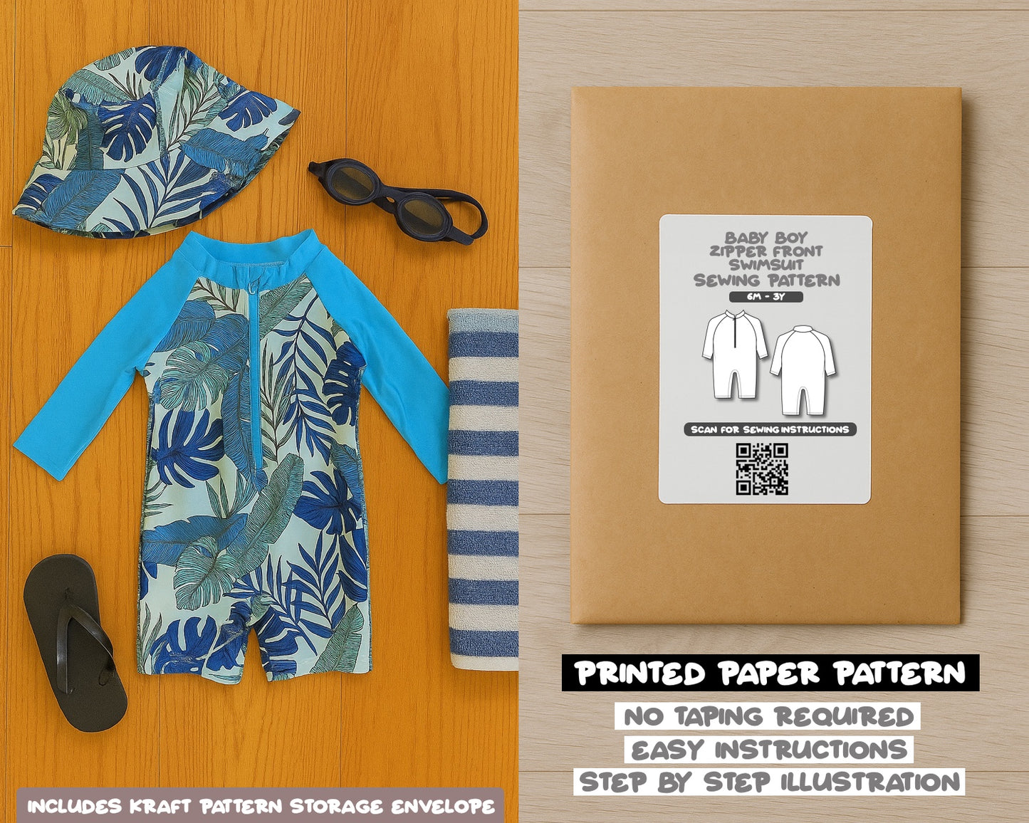 Baby Boy Zipper Front One Piece Swimsuit Sewing Pattern
