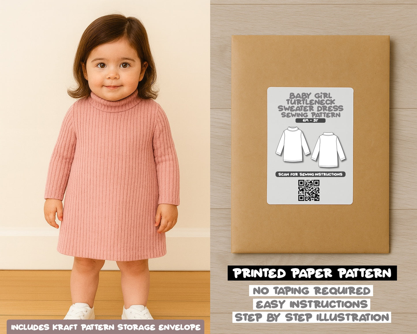 Baby Girl Long Sleeve Turtleneck Sweater Dress Sewing Pattern
