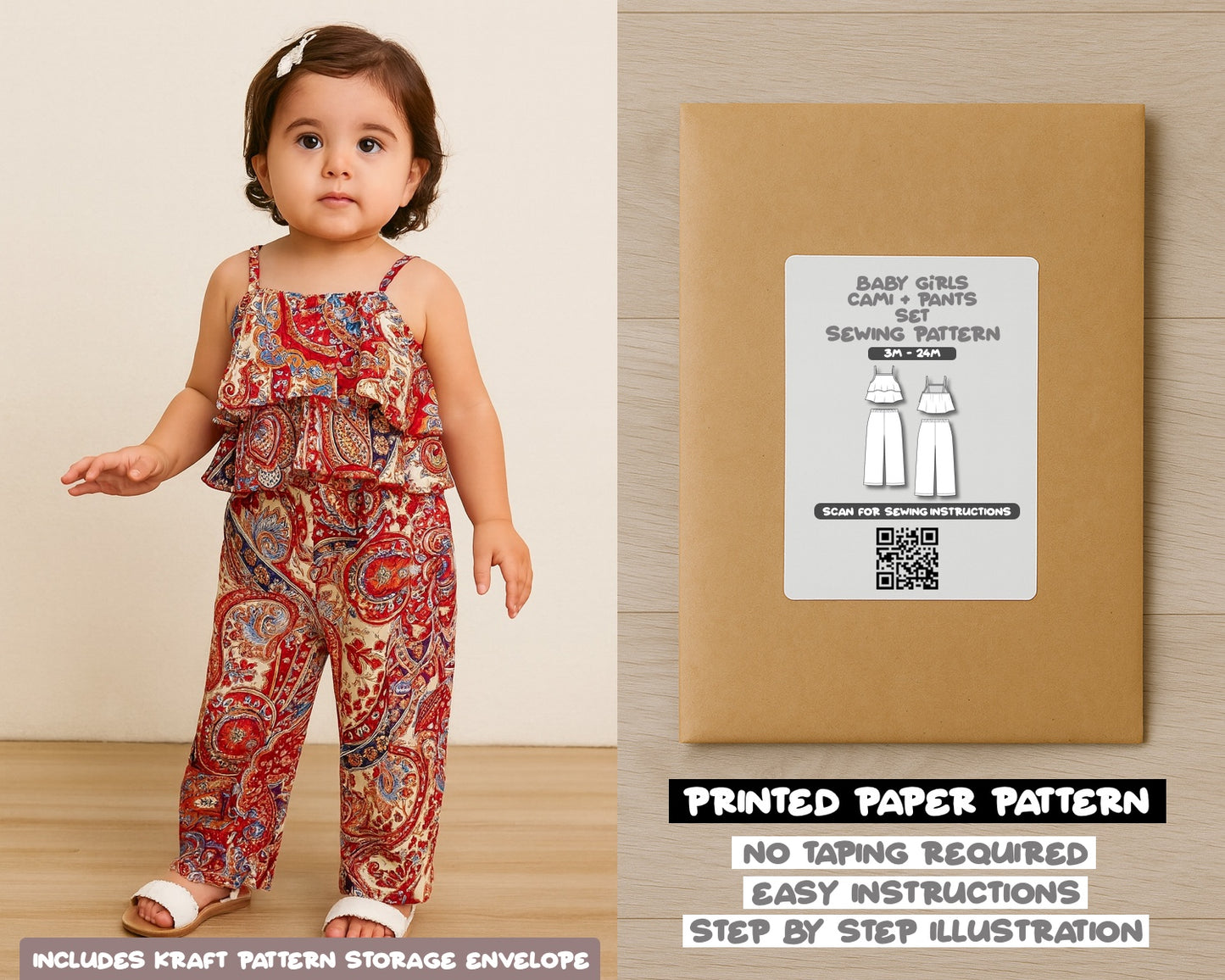 Baby Girl Ruffle Hem Cami Top and Wide Leg Pants Set Sewing Pattern