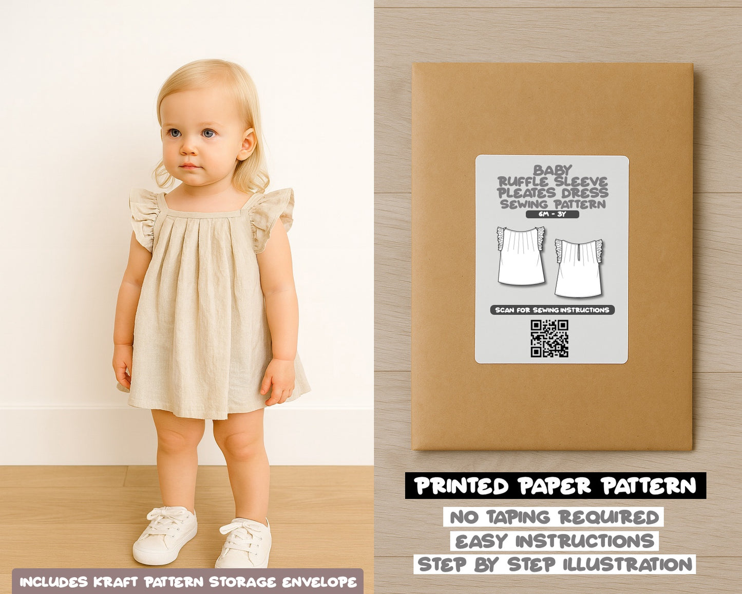 Baby Ruffle Sleeve Pleated Dress Sewing Pattern