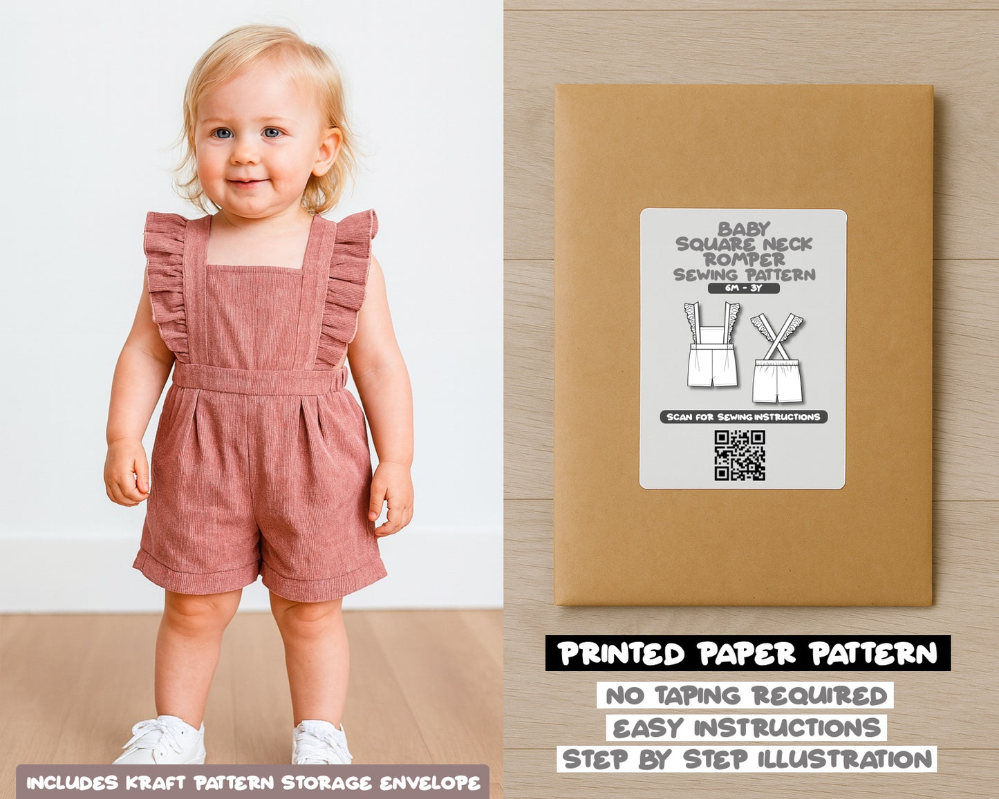 Baby Ruffle Sleeve Square Neck Romper Sewing Pattern