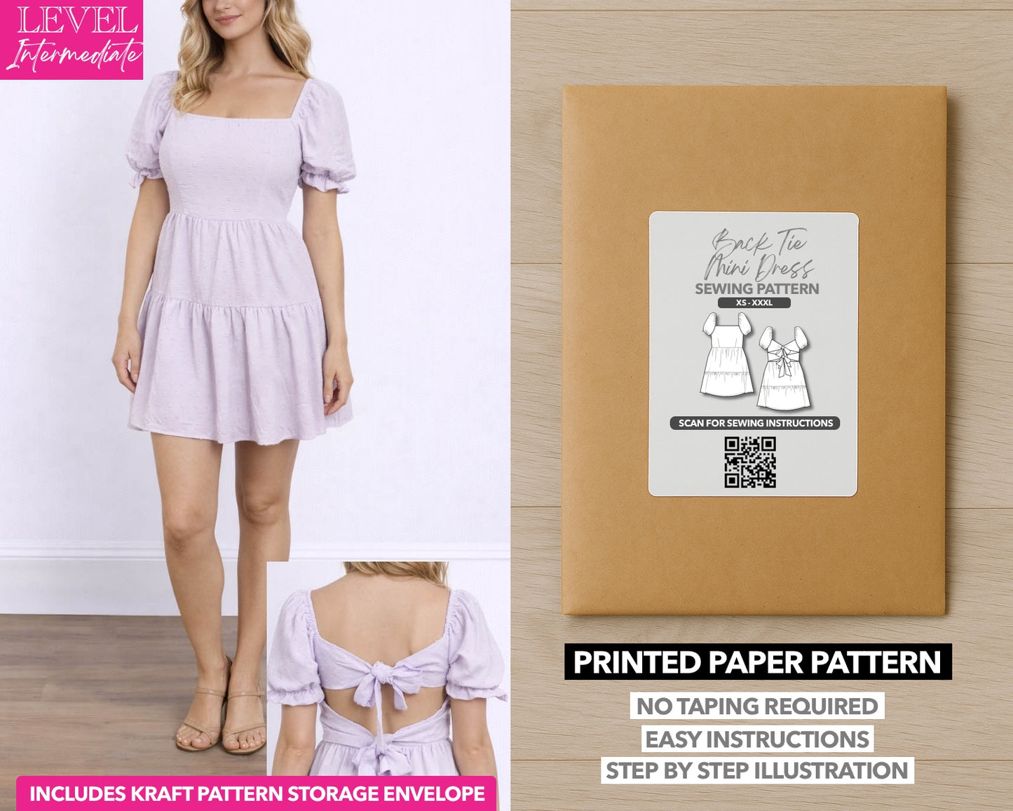 Back Tie Puff Sleeve Mini  printed sewing pattern with easy instructions and step by step illustrations.