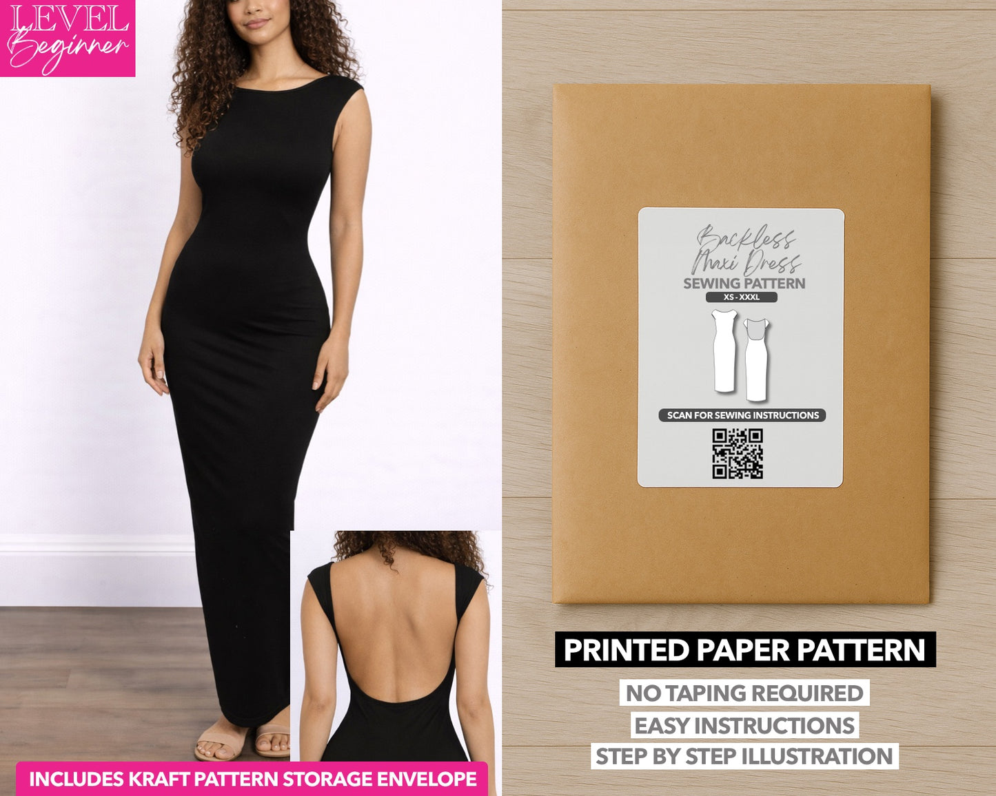 Backless Knit Maxi Dress printed sewing pattern with easy instructions and step by step illustrations.