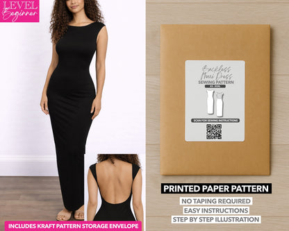 Backless Knit Maxi Dress printed sewing pattern with easy instructions and step by step illustrations.