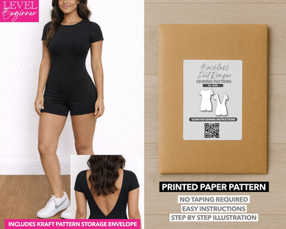 Backless Knit Romper printed sewing pattern with easy instructions and step by step illustrations.