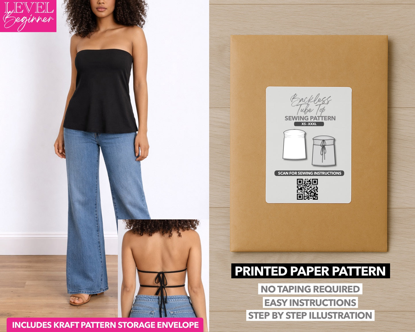 Backless Tube Top printed sewing pattern with easy instructions and step by step illustrations.