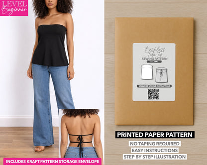 Backless Tube Top printed sewing pattern with easy instructions and step by step illustrations.