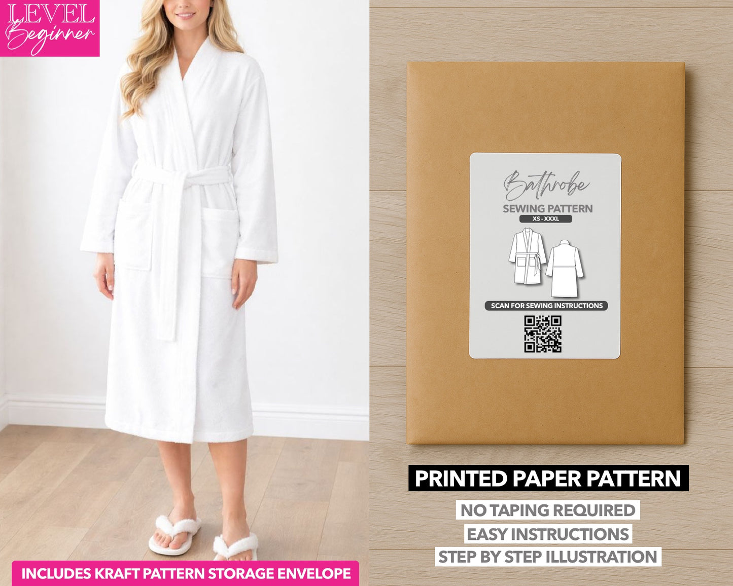 Easy Bathrobe printed sewing pattern with easy instructions and step by step illustrations.