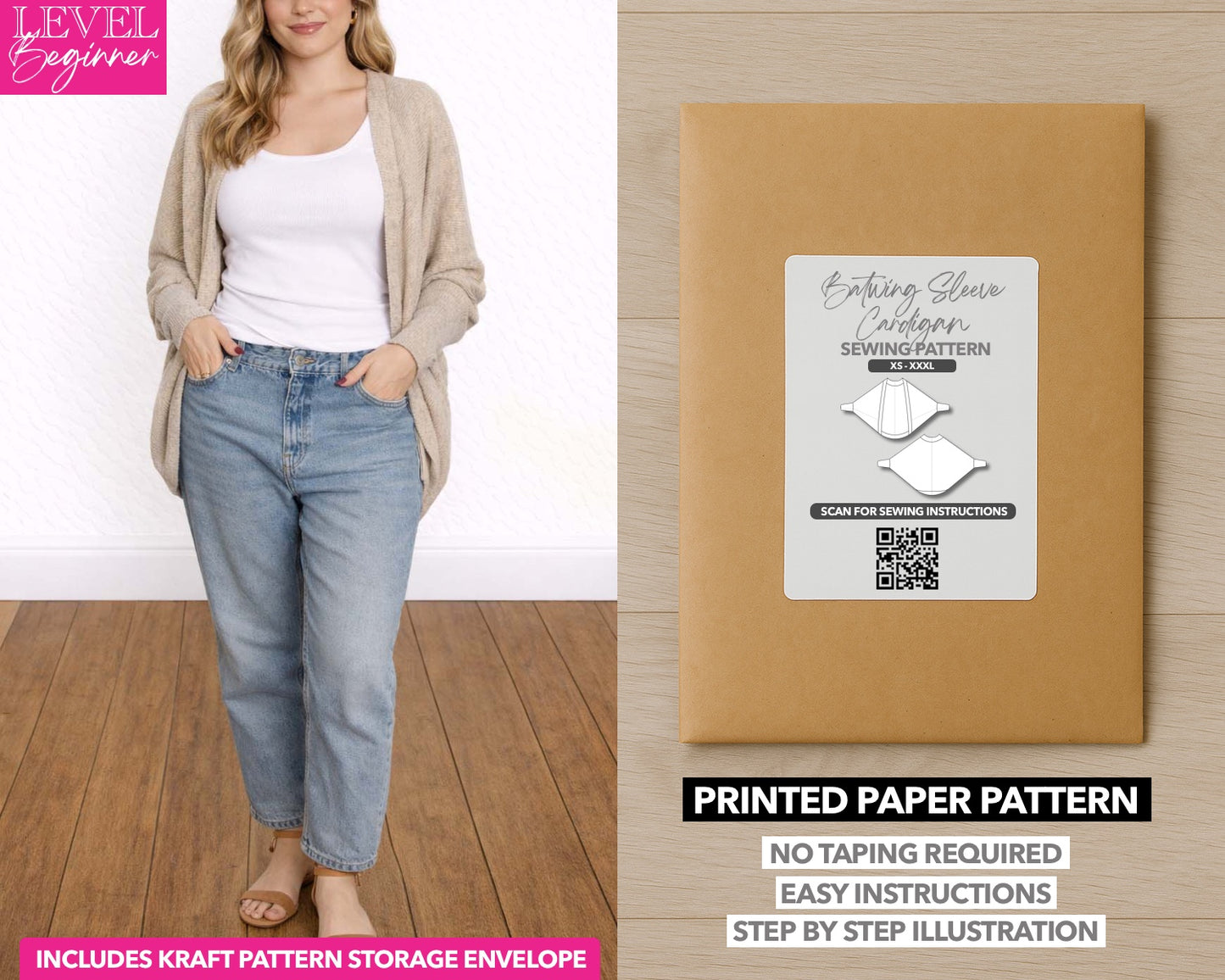 Batwing Sleeve Cardigan printed sewing pattern with easy instructions and step by step illustrations.