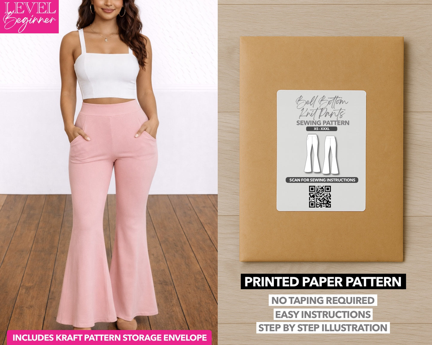 Bell Bottom Knit Pants printed sewing pattern with easy instructions and step by step illustrations.