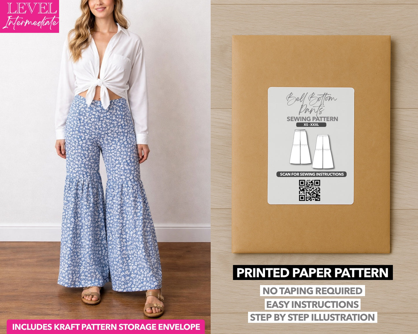 Bell Bottom Pants printed sewing pattern with easy instructions and step by step illustrations.