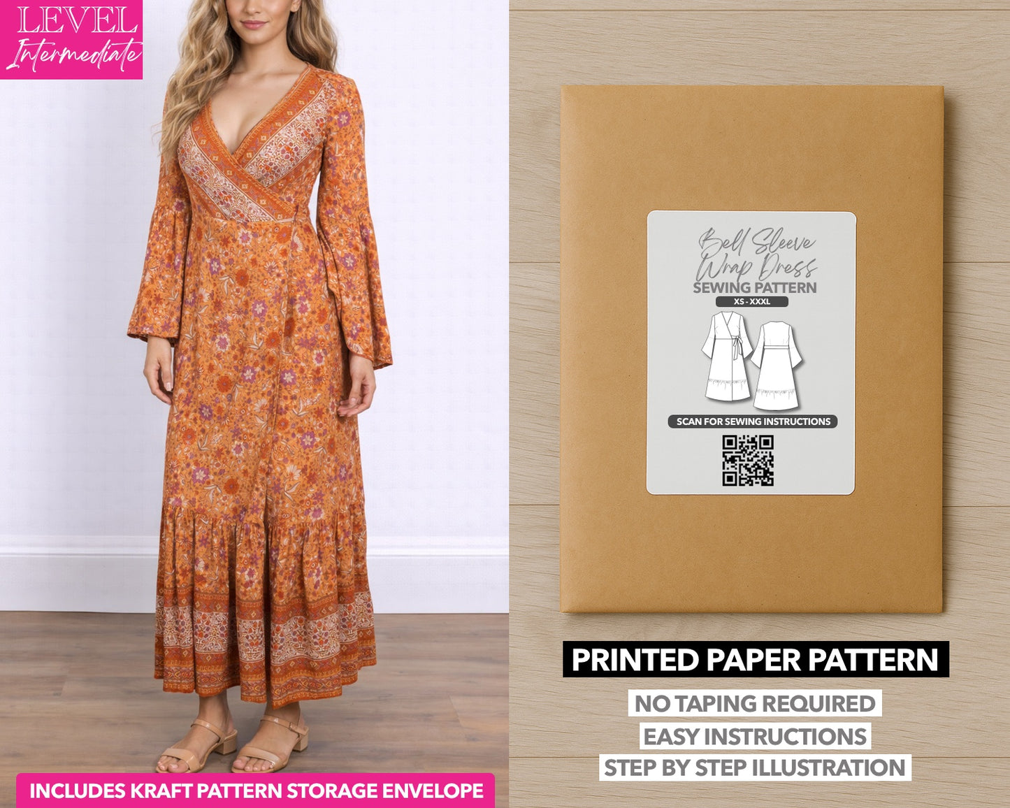 Bell Sleeve Tie Front Wrap Maxi Dress printed sewing pattern with easy instructions and step by step illustrations.