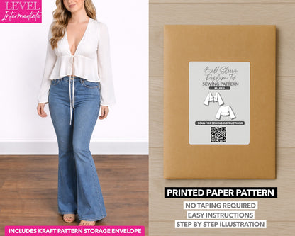 Bell Sleeve Tie Front Peplum Top printed sewing pattern with easy instructions and step by step illustrations.
