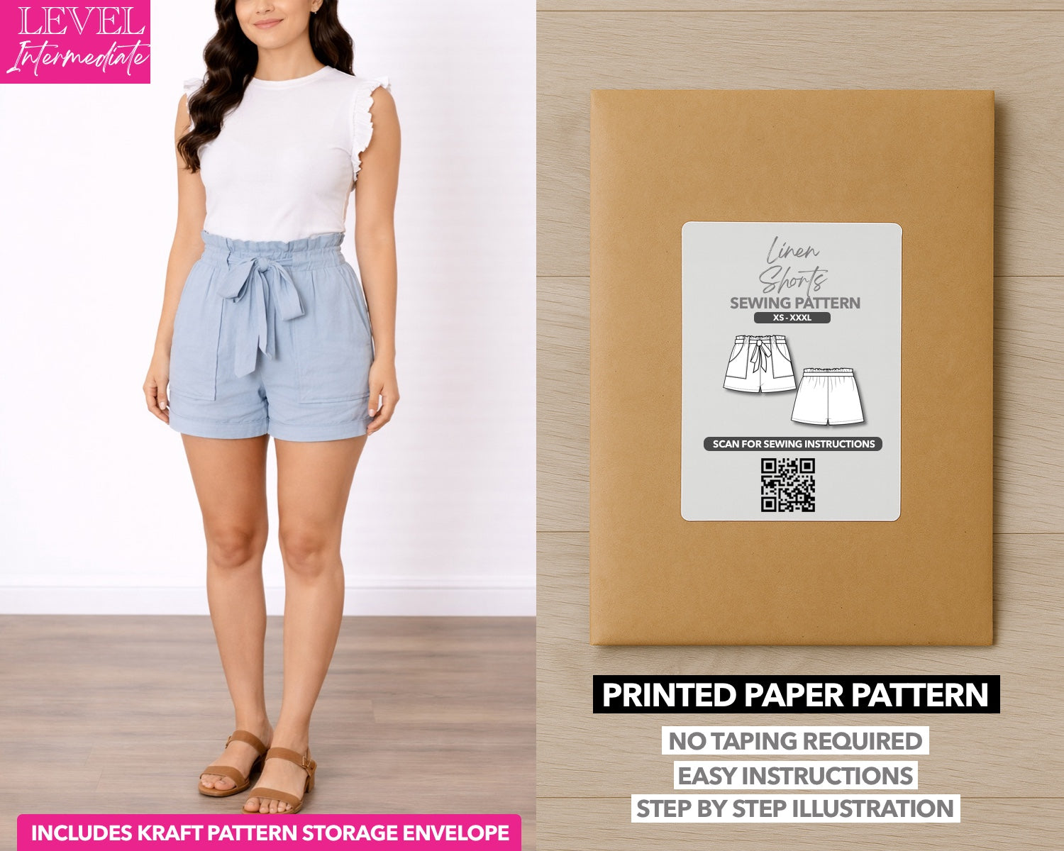 Belted Patch Pocket Shorts printed sewing pattern with easy instructions and step by step illustrations.