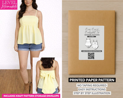 Bow Back Babydoll Cami Top printed sewing pattern with easy instructions and step by step illustrations.