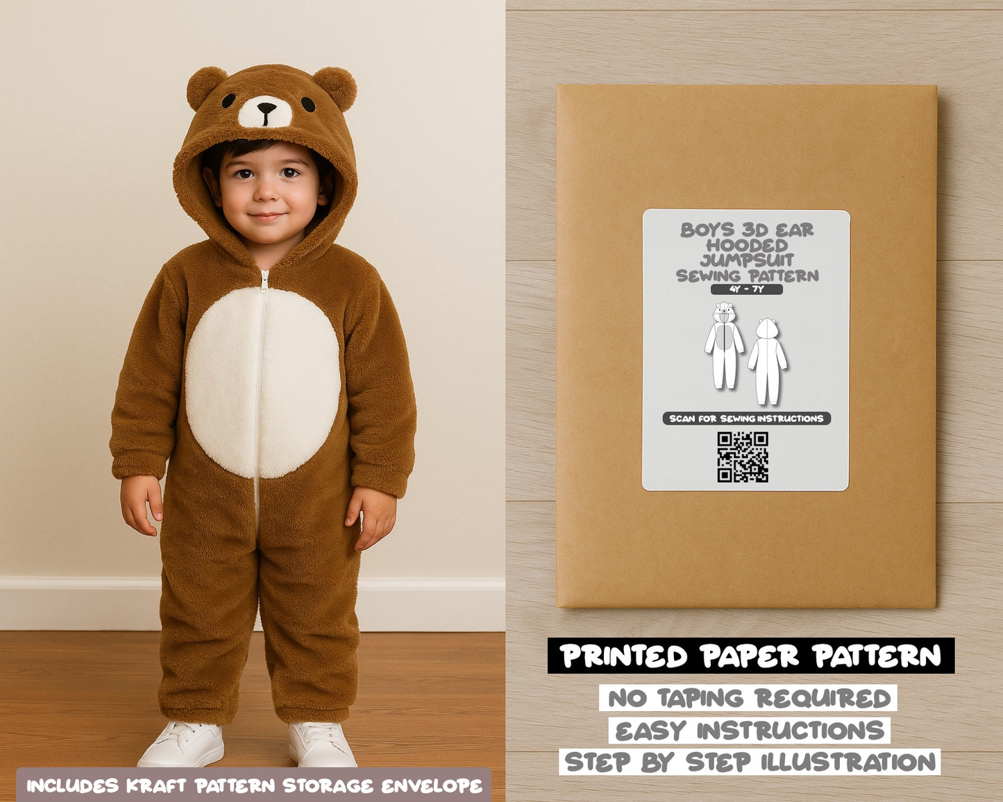 Boys 3D Ear Hooded Jumpsuit Sewing Pattern