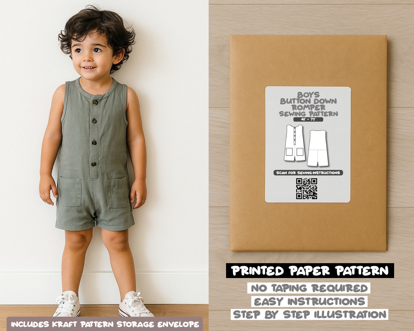 Boys Sleeveless Button Down Romper Sewing Pattern
