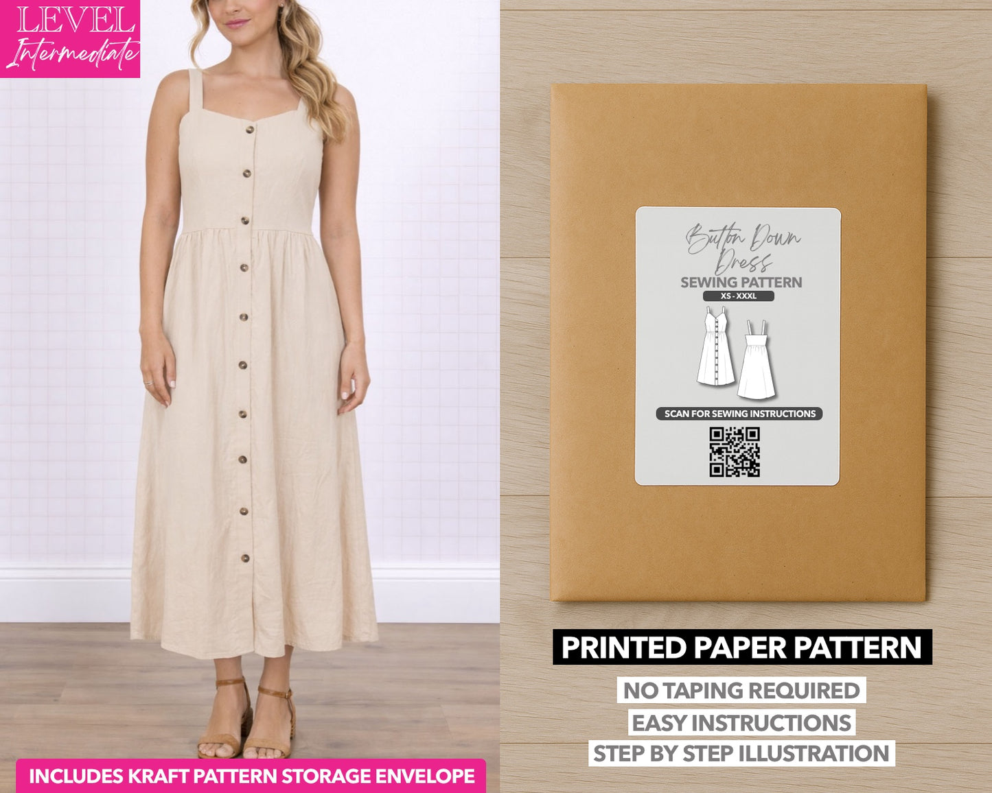 Button Down Dress printed sewing pattern with easy instructions and step by step illustrations.