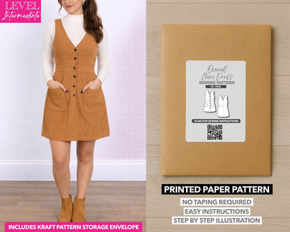 Button Down Overall Dress printed sewing pattern with easy instructions and step by step illustrations.