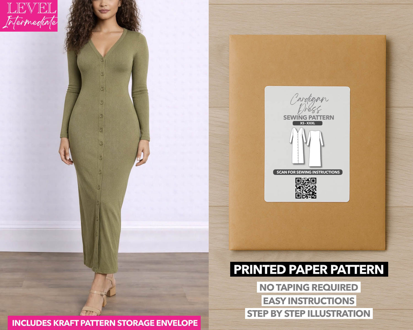 Button Front Cardigan Dress printed sewing pattern with easy instructions and step by step illustrations.